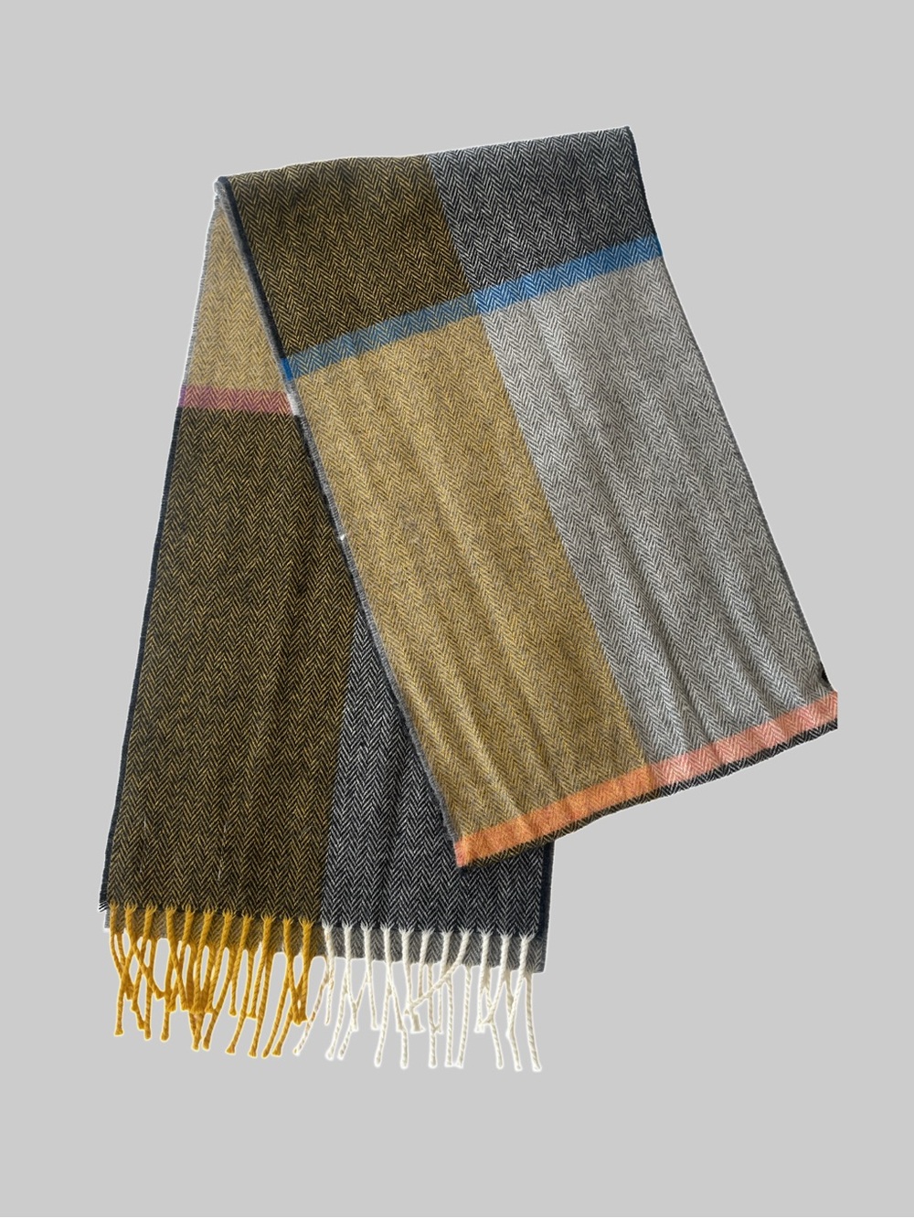 Men's Multicolor Herringbone Wool-Blend Scarf — Gray, Olive & Mustard